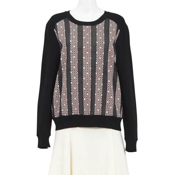 Tory Burch Black Merino Wool Geometric Striped Silk Panel Crewneck Sweater Sz XS - Picture 2 of 8